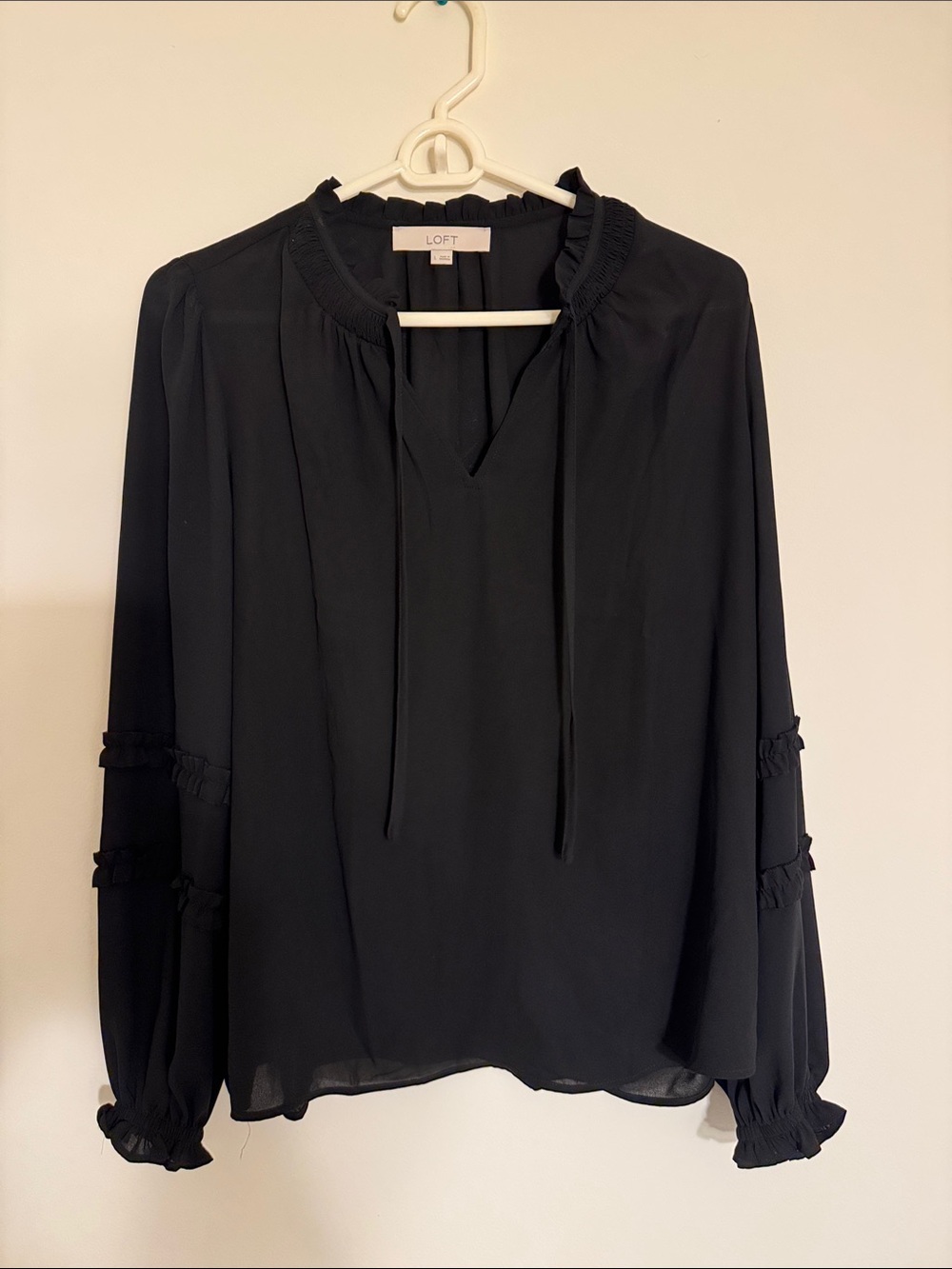 LOFT Black Tie-Neck Ruffle Trim Blouse